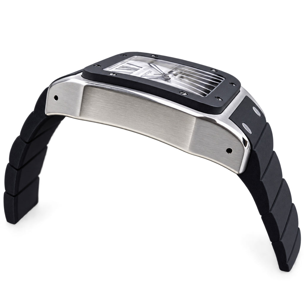 Cartier Santos 100 XL Stainless Steel Black Rubber Bezel White Dial Roman Numeral Black Rubber Strap Automatic Watch