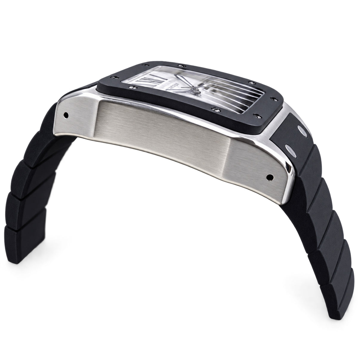 Cartier Santos 100 XL Stainless Steel Black Rubber Bezel White Dial Roman Numeral Black Rubber Strap Automatic Watch
