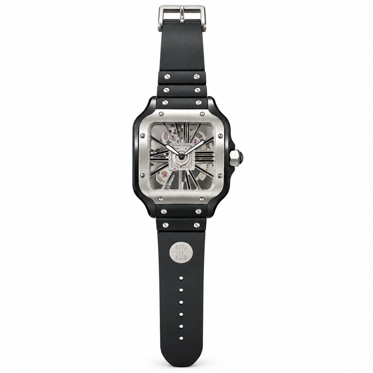 Cartier Santos de Cartier Large Steel Black DLC Skeleton Silver Roman Numeral Black Rubber Strap Automatic Watch