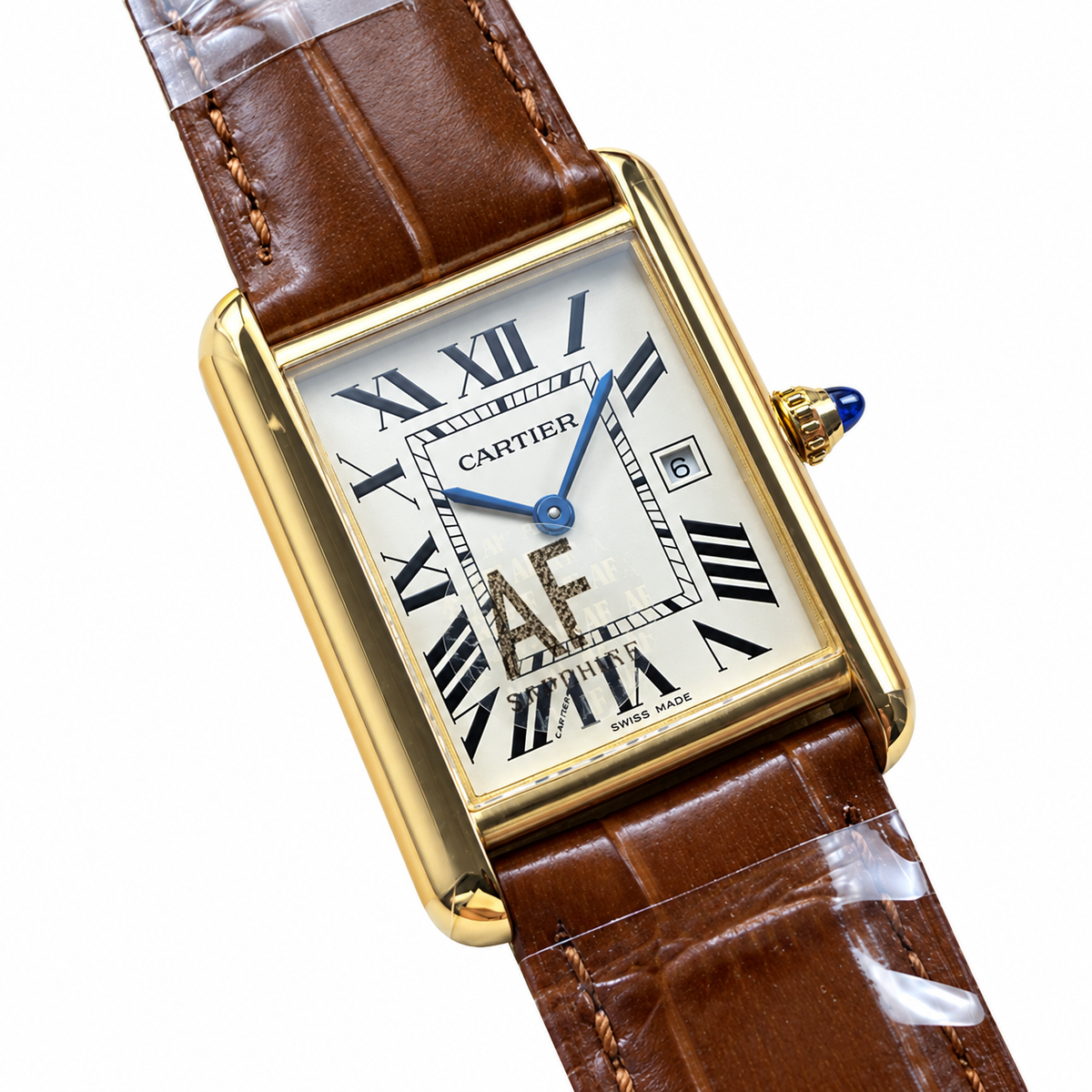 Cartier Tank Solo Yellow Gold White Dial Date Brown Alligator Watch