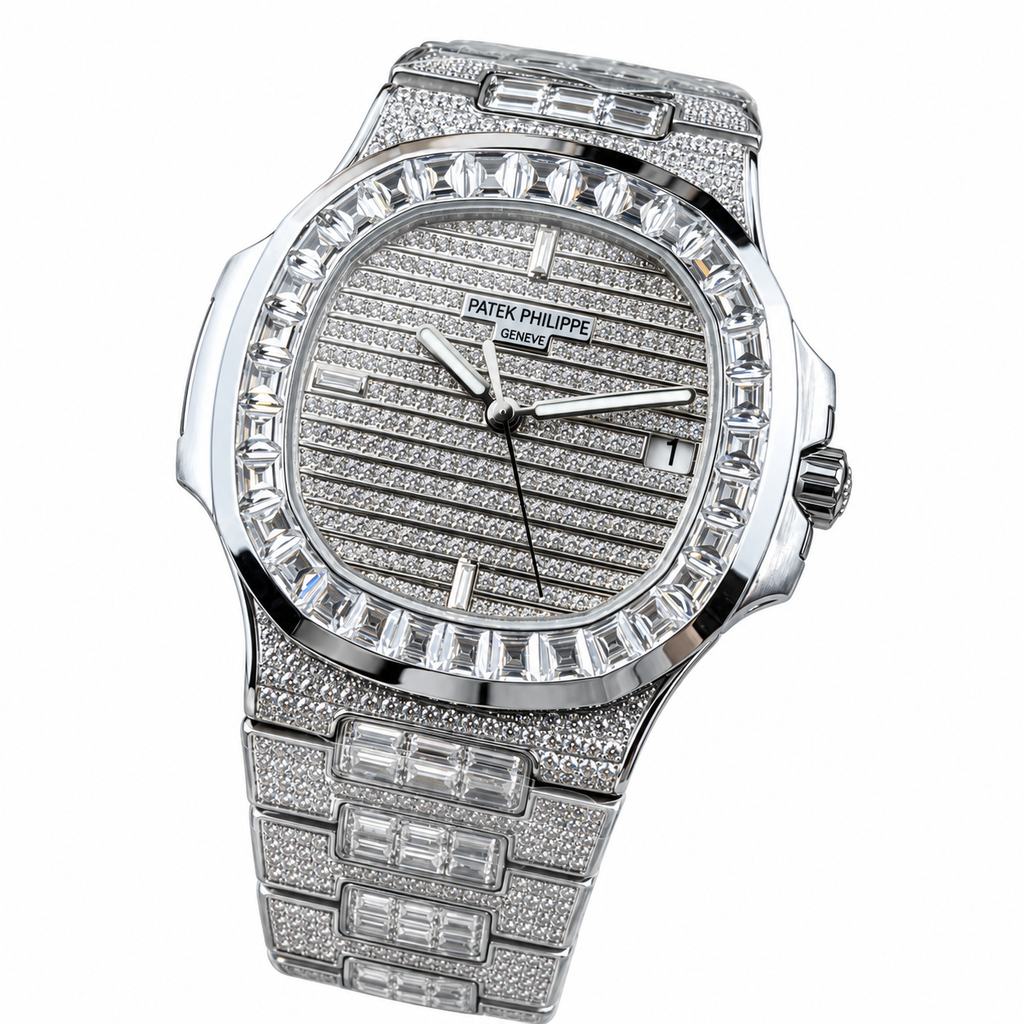 Patek Philippe Nautilus Iced Out Full Diamond Steel Baguette Bezel 40mm