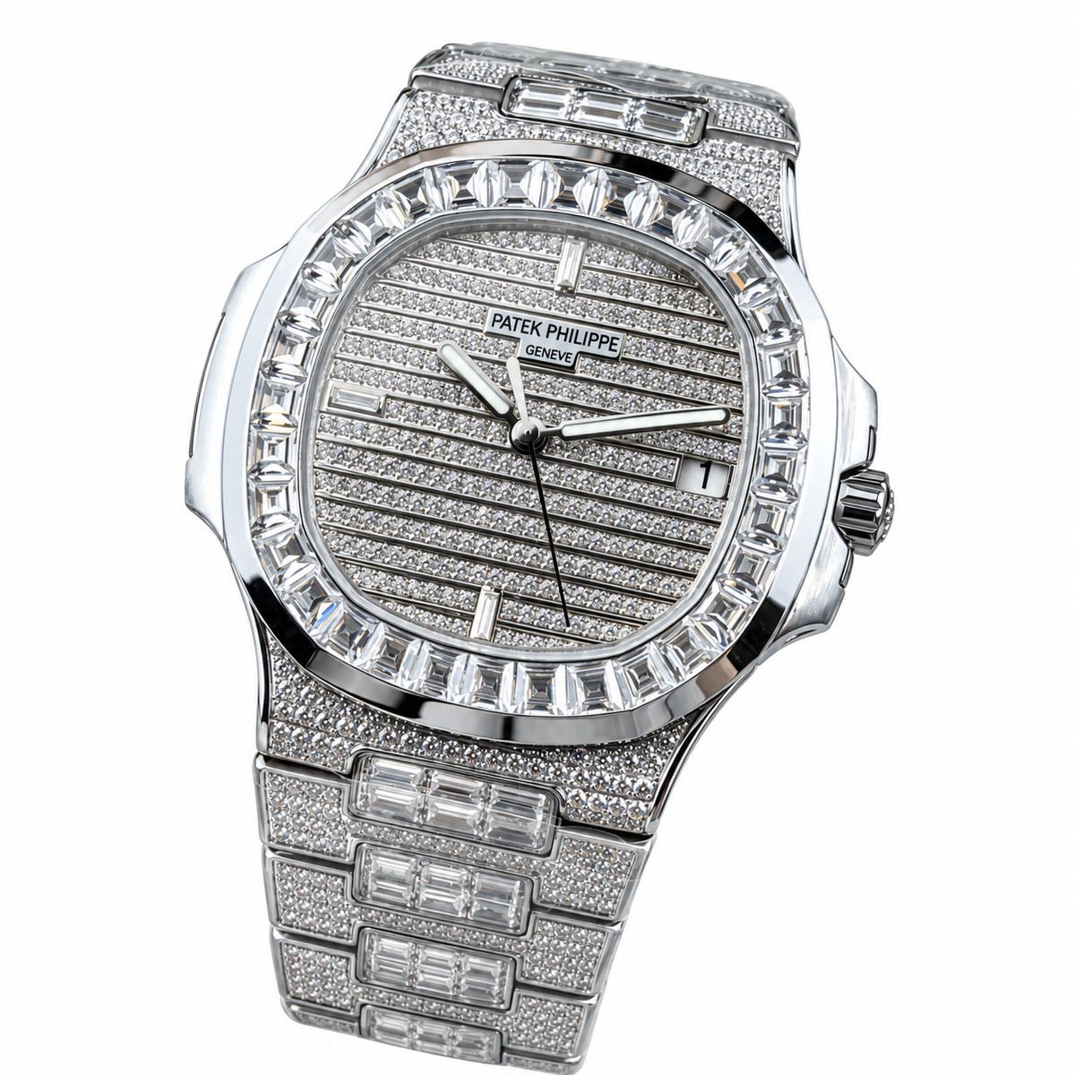 Patek Philippe Nautilus Iced Out Full Diamond Steel Baguette Bezel 40mm