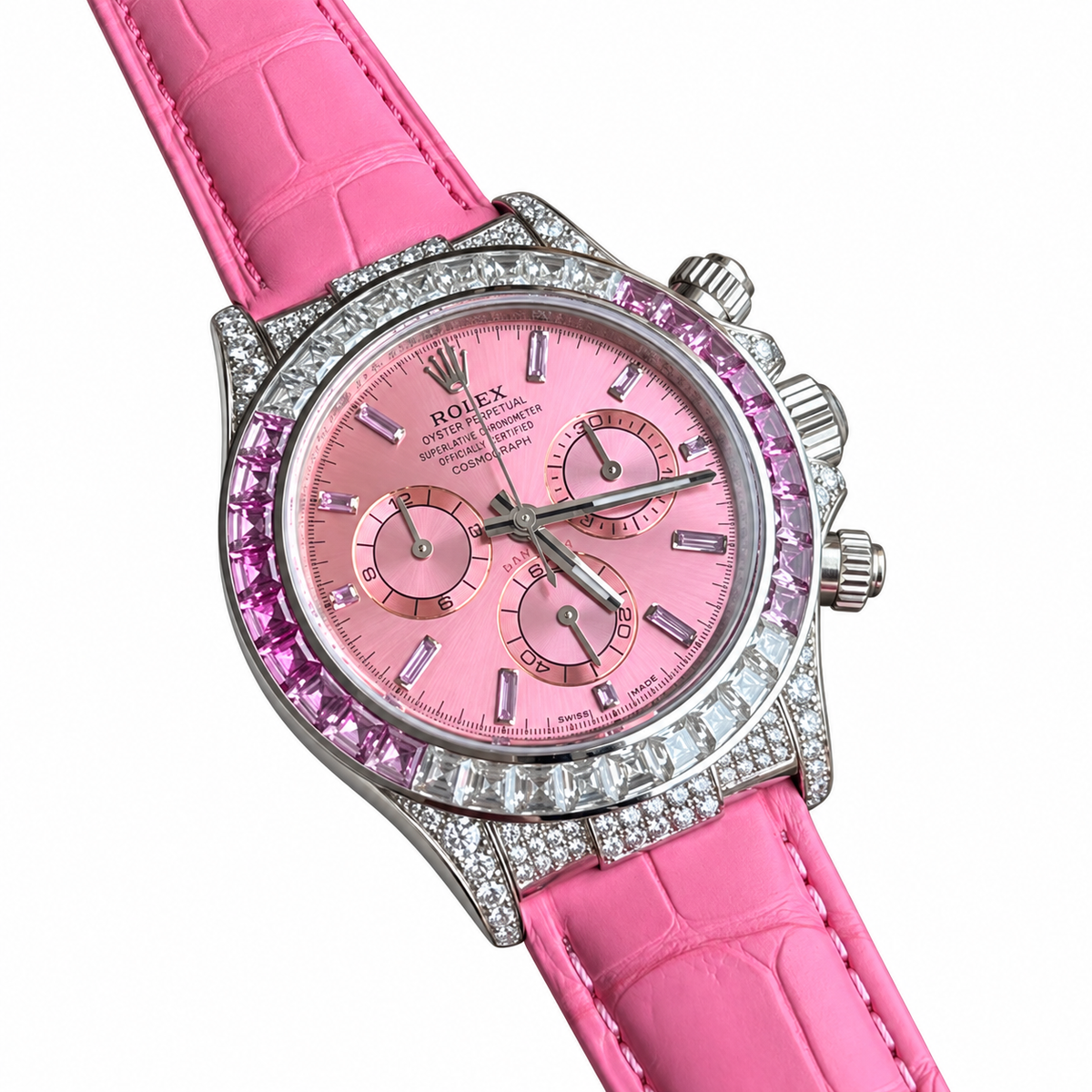 Rolex Cosmograph Daytona White Gold Pink Sapphire Diamond Bezel Pink Dial Watch
