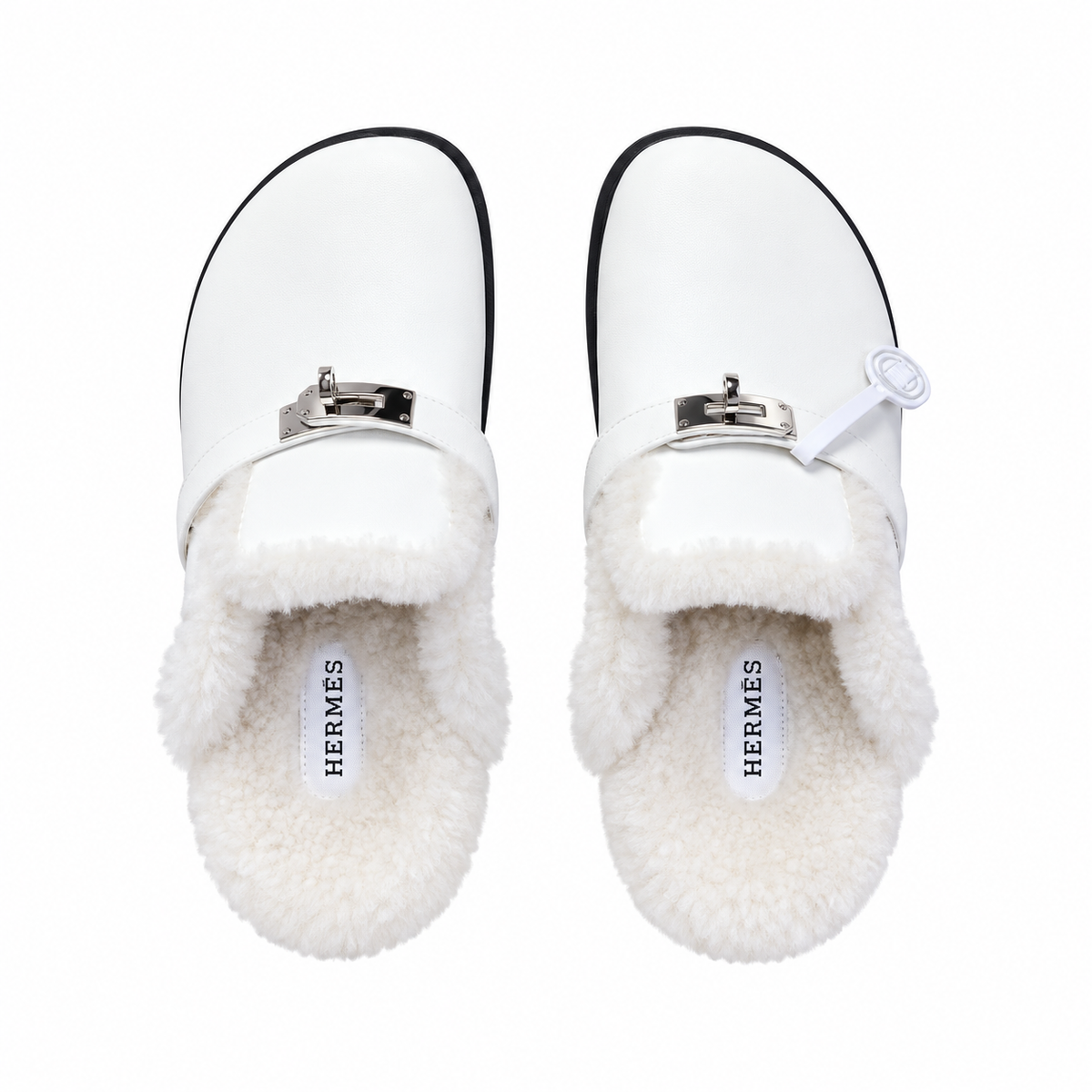 Hermès White Mule Shoes with Cream Plush Lining