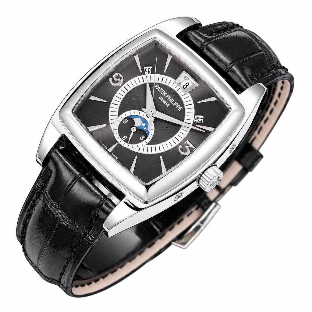 Patek Philippe Gondolo Calendario White Gold TV-Shaped Charcoal Dial Annual Calendar Moon Phase Small Seconds Black Strap 34mm