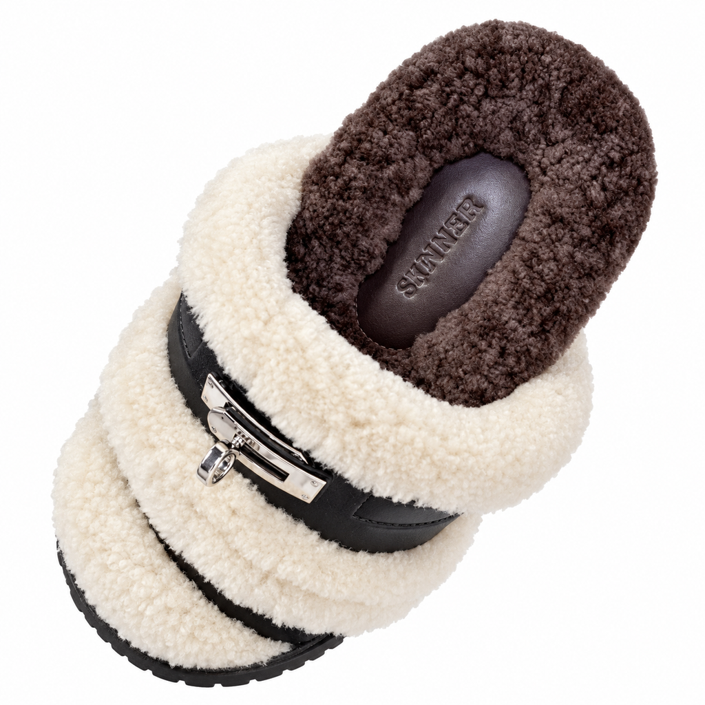 Hermès Black Double-Strap Slides with Cream Plush Trim