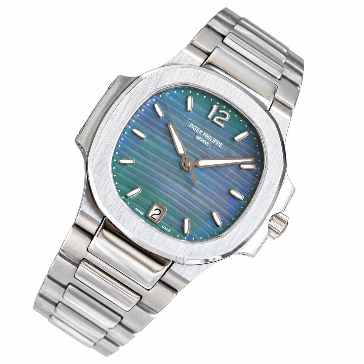 Patek Philippe Nautilus Ladies Stainless Steel Blue Green MOP Dial Date Steel Bracelet 40mm