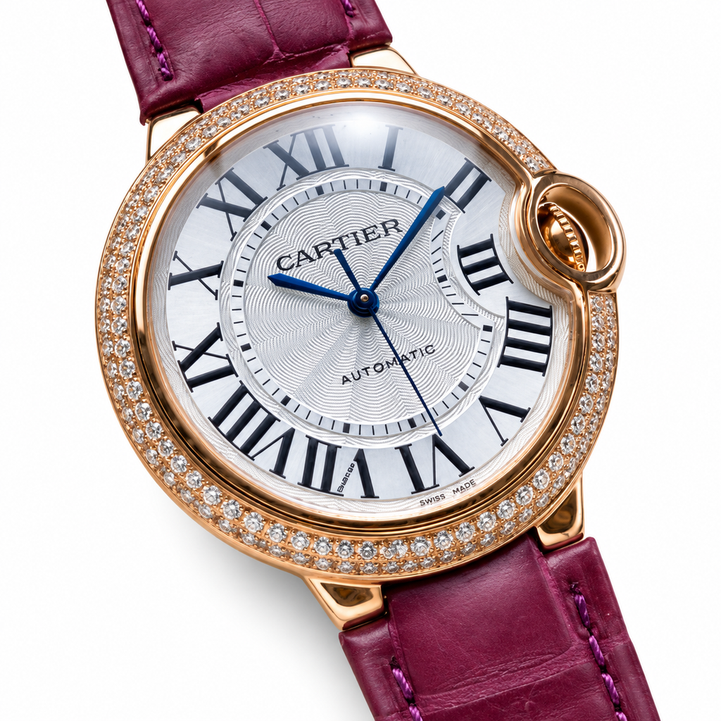 Cartier Ballon Bleu Rose Gold Diamond Bezel Silver Dial Purple Alligator Watch
