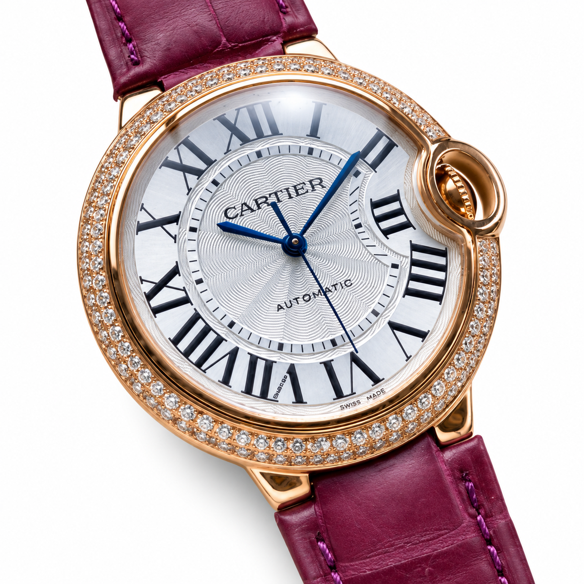 Cartier Ballon Bleu Rose Gold Diamond Bezel Silver Dial Purple Alligator Watch