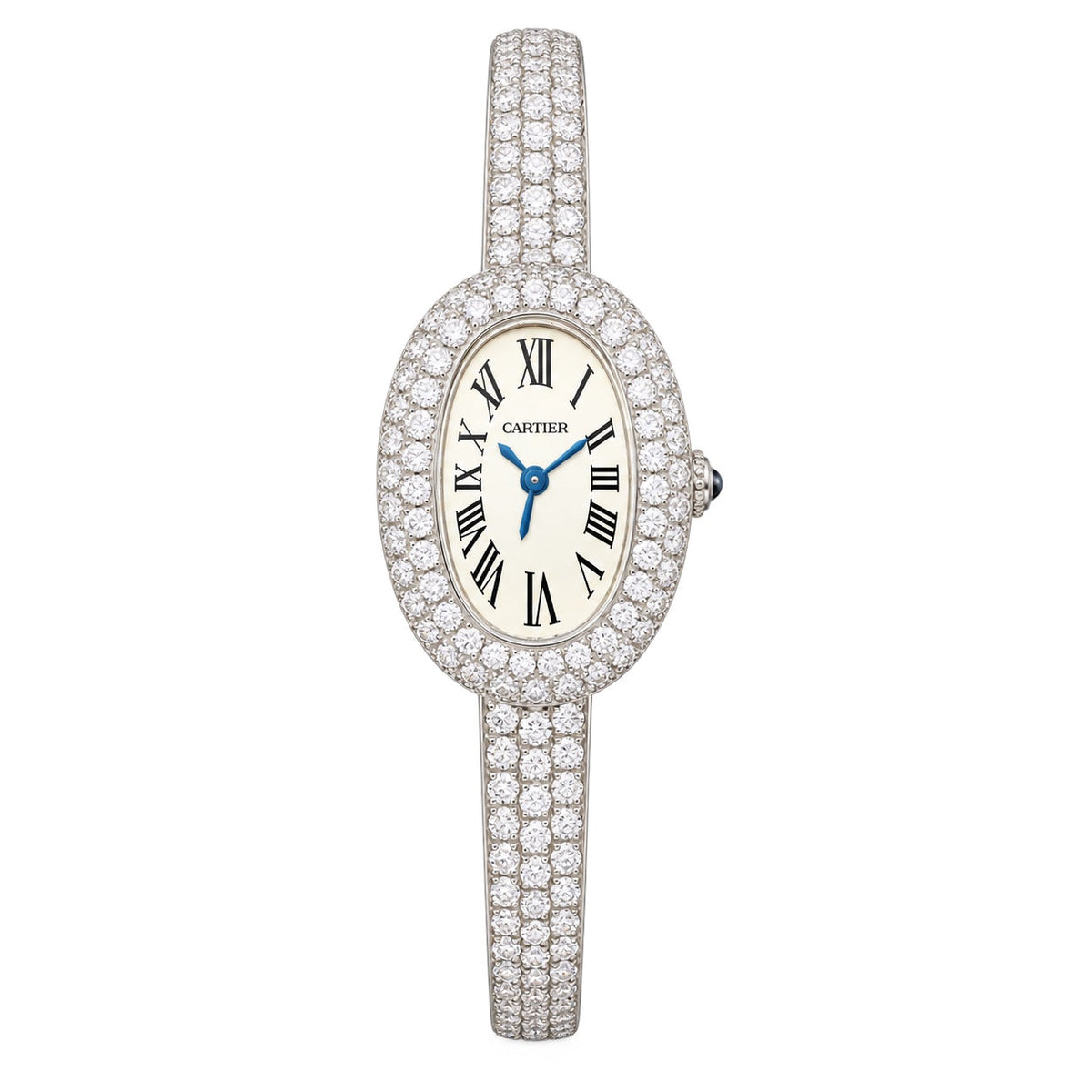 Cartier Baignoire — 18K White Gold, Full Diamond Bezel & Diamond Bangle, White Dial, Women