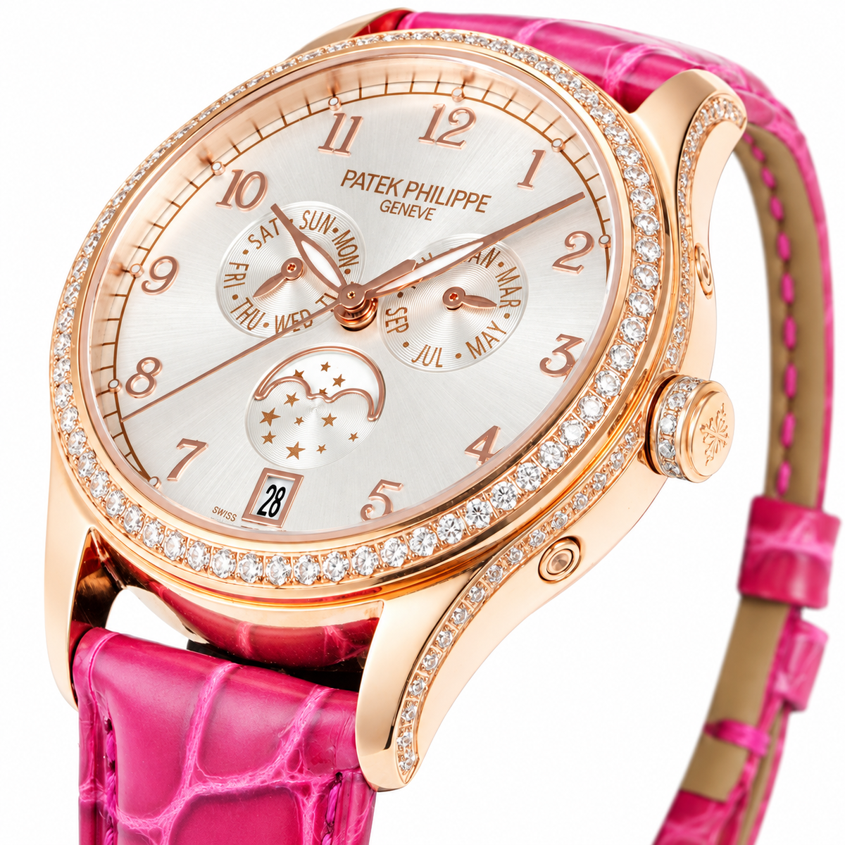 Patek Philippe Ladies Rose Gold Diamond Bezel Annual Calendar Moon Phase 38mm