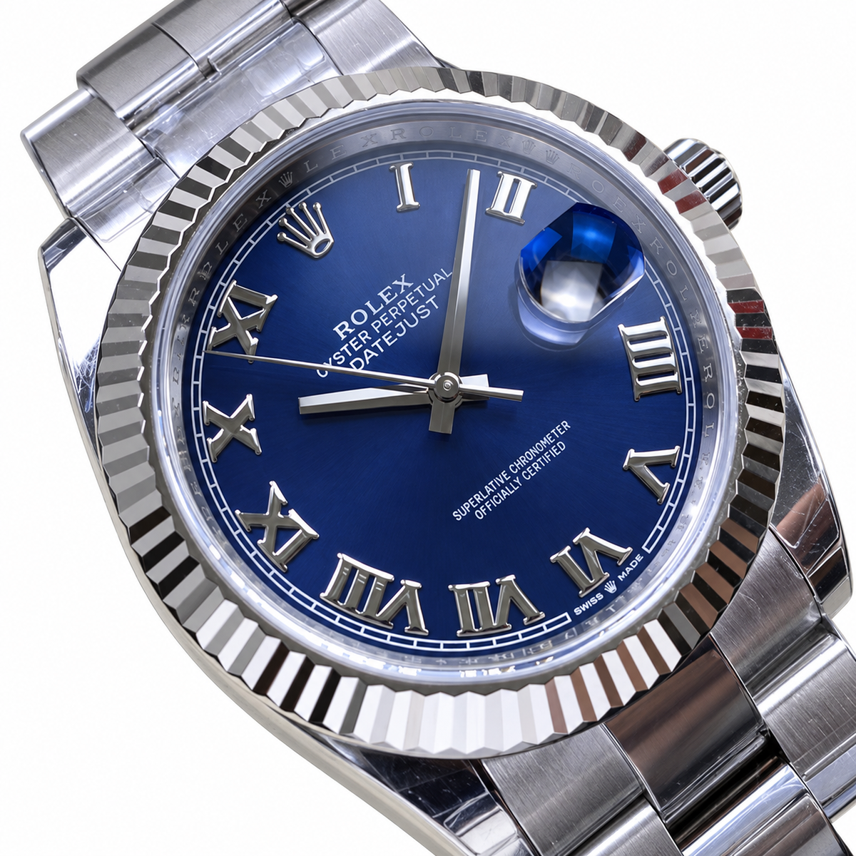 Rolex Datejust Blue Roman Numeral Dial Fluted Bezel Oyster Bracelet Oystersteel