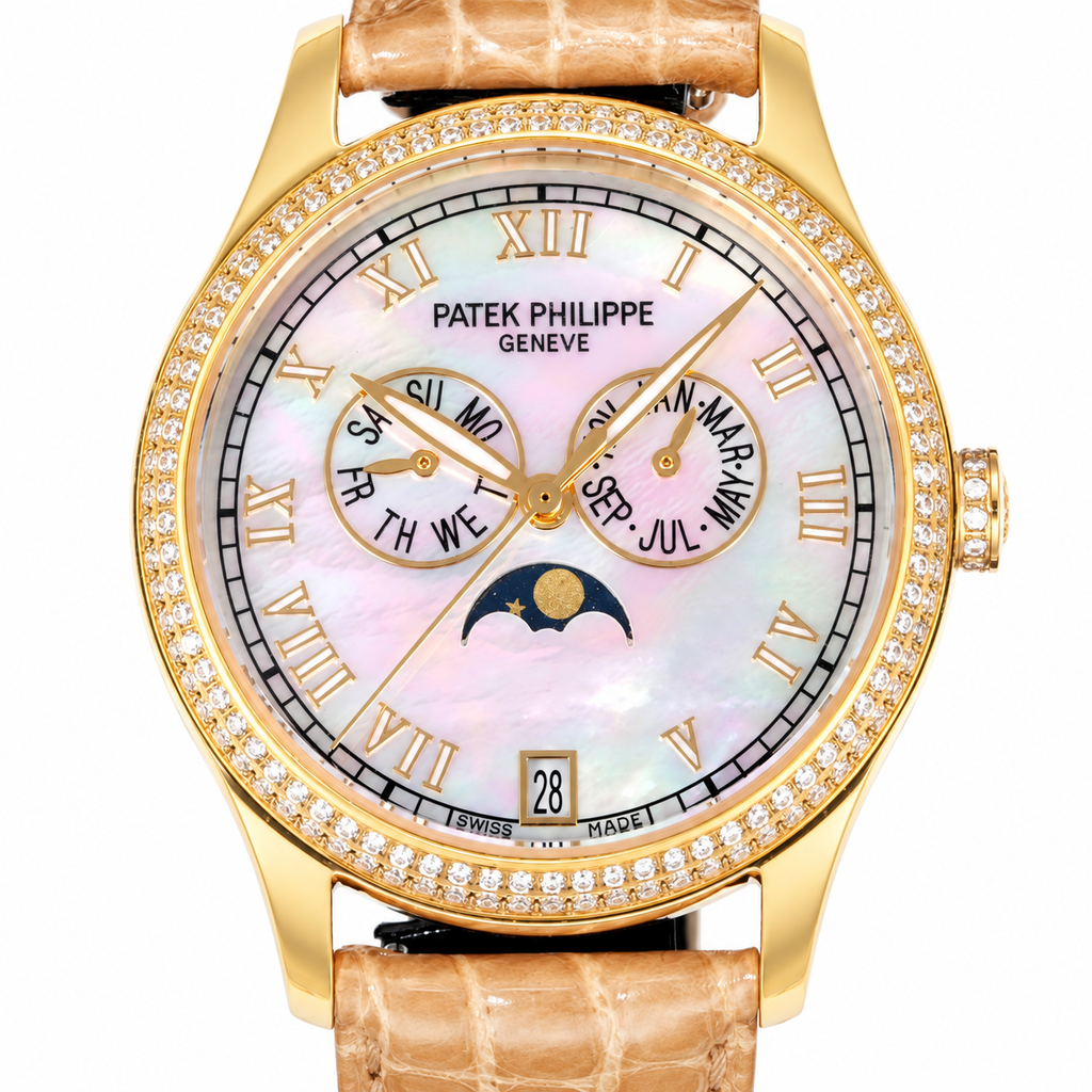 Patek Philippe Ladies Annual Calendar Yellow Gold Diamond Bezel Pink MOP Dial Roman Numerals Moon Phase Beige Strap 38mm