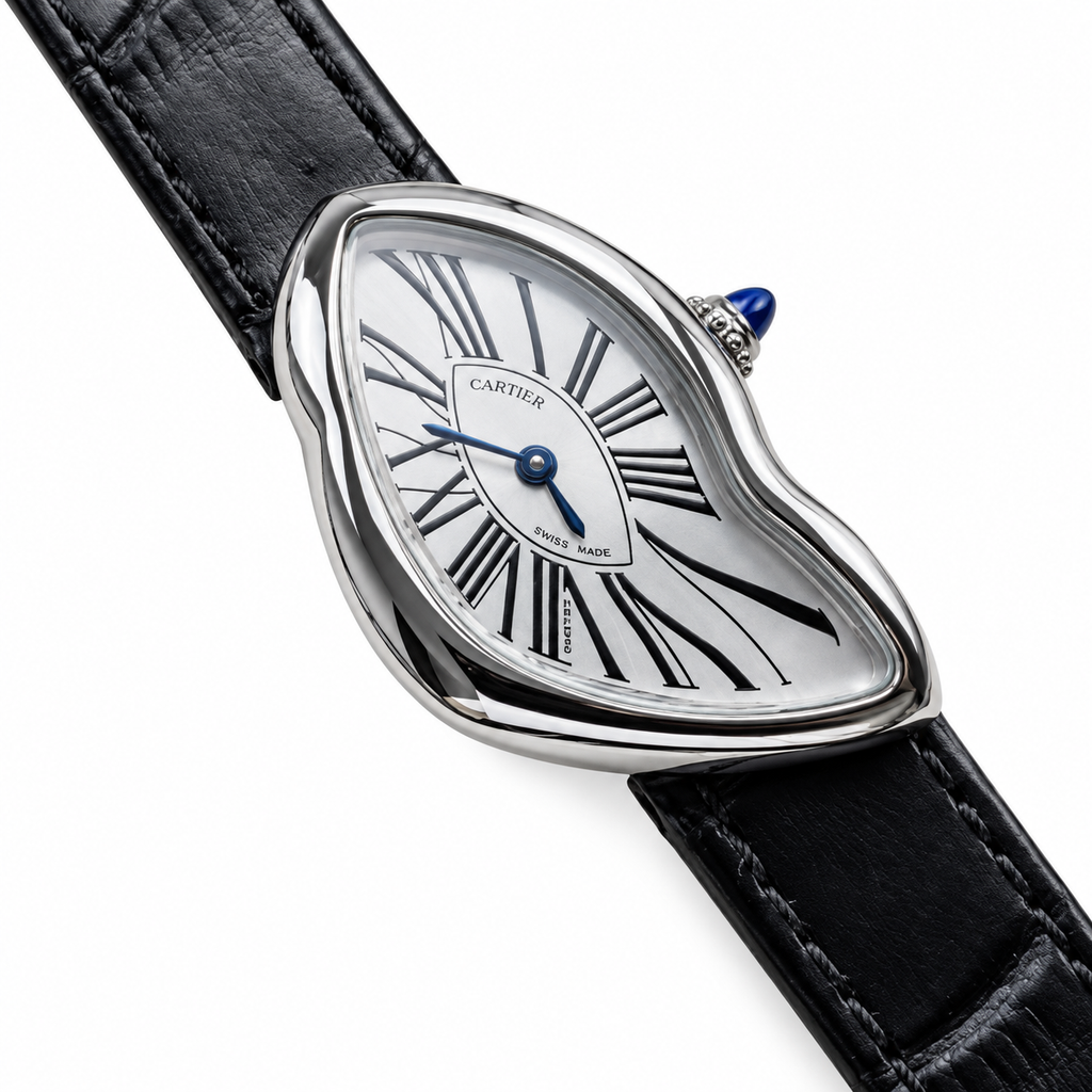 Cartier Crash Steel White Dial Black Alligator Watch