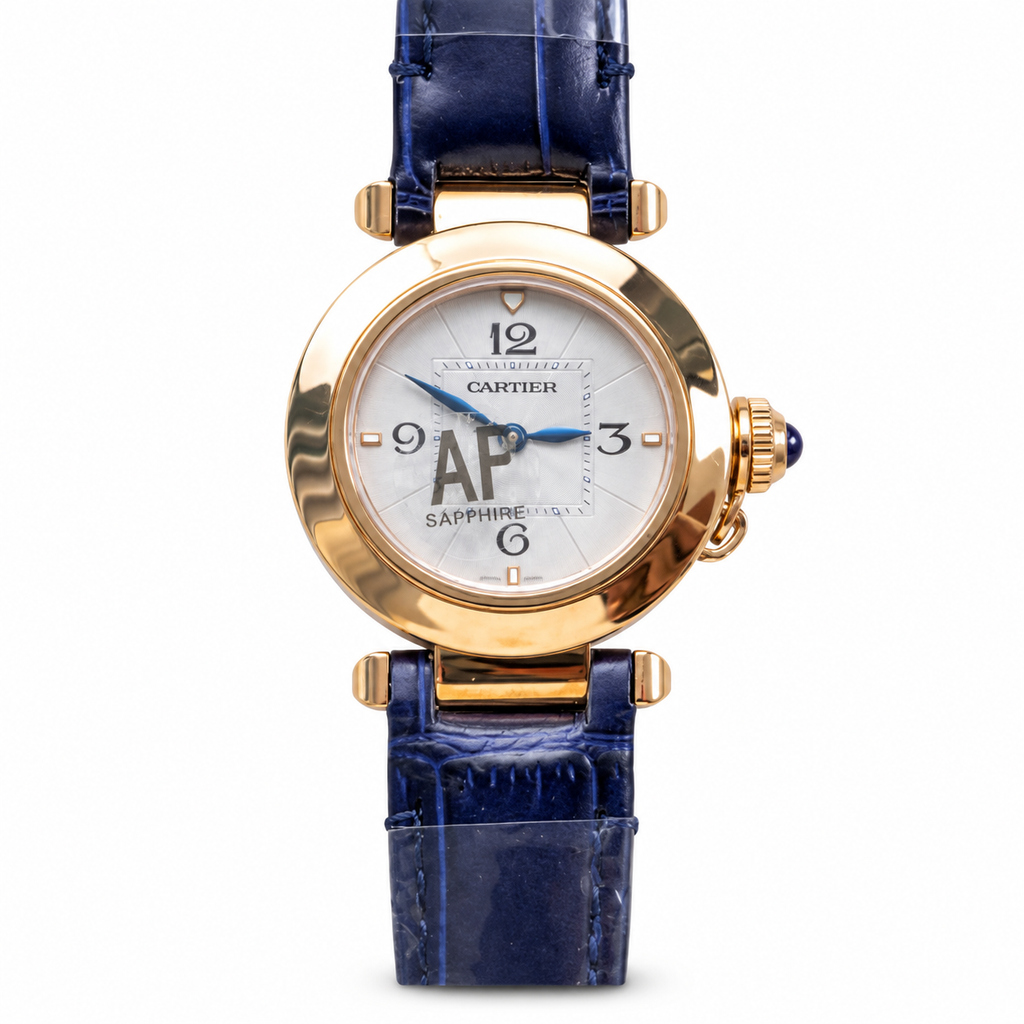 Cartier Pasha de Cartier 30mm 18k Rose Gold White Dial Blue Alligator Strap Quartz Watch
