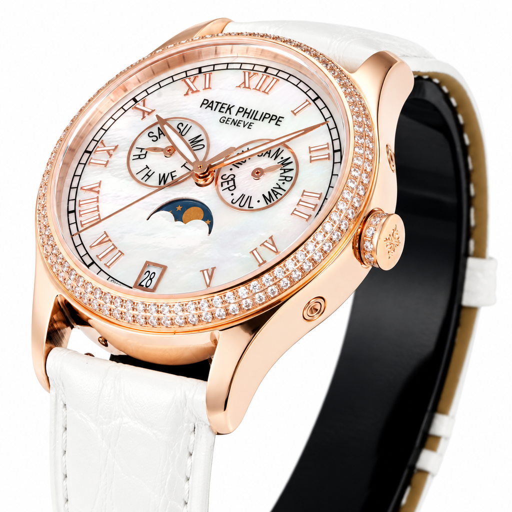 Patek Philippe Ladies Rose Gold Diamond Bezel Annual Calendar Moon Phase MOP Dial White Strap 38mm