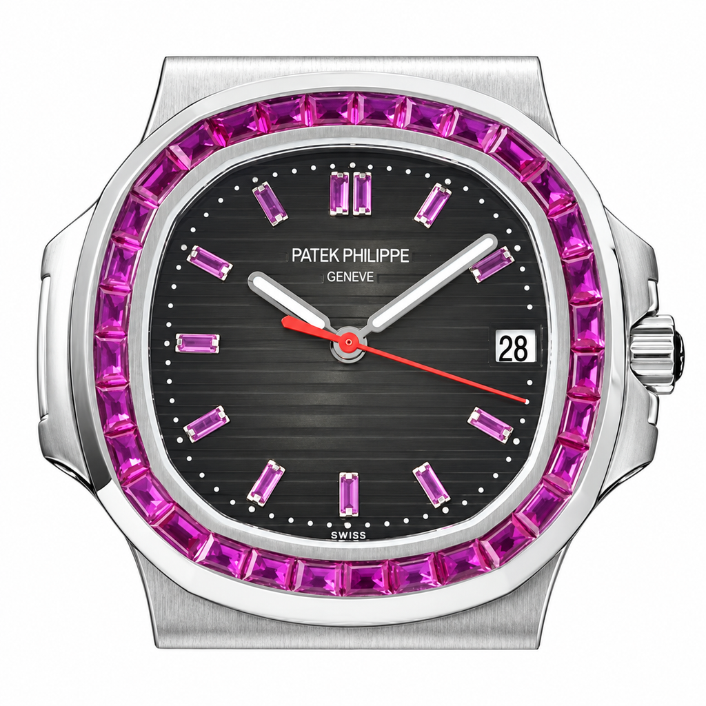 Patek Philippe Nautilus Pink Sapphire Baguette Steel Black Dial
