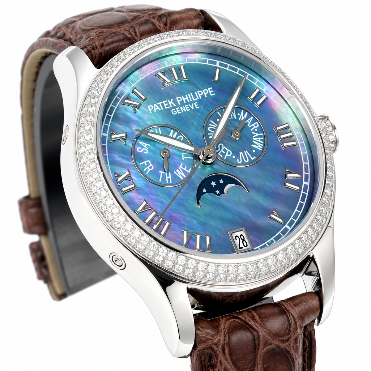Patek Philippe Ladies Annual Calendar White Gold Double Diamond Bezel Blue MOP Dial Roman Numerals Moon Phase Brown Strap 38mm