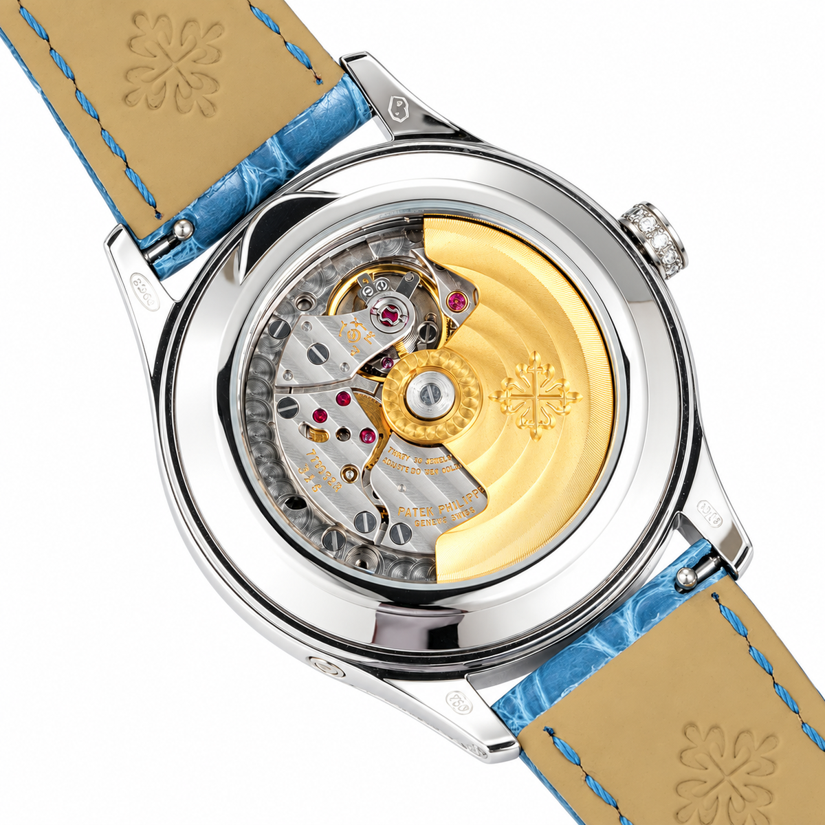 Patek Philippe Ladies Complications White Gold Round Diamond Bezel Blue Dial Arabic Numerals Annual Calendar Moon Phase Date Blue Strap 38mm