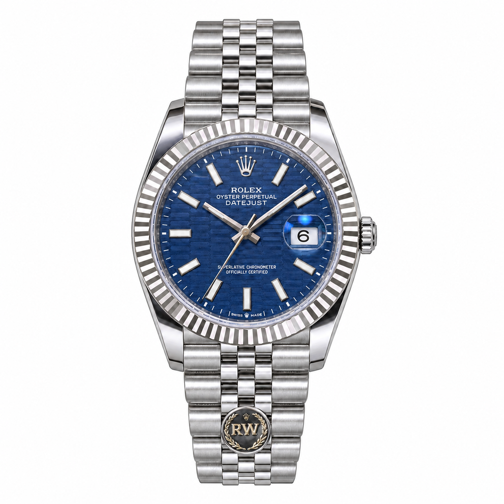 Rolex Datejust 41 Oystersteel White Gold Fluted Bezel Blue Motif Dial Jubilee Bracelet Watch