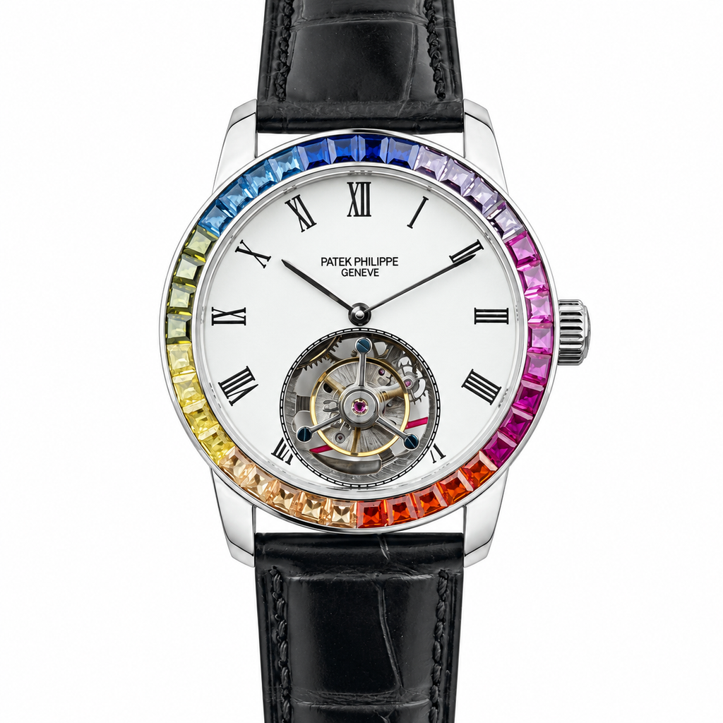 Patek Philippe Calatrava Tourbillon Rainbow Sapphire White Enamel Dial 42mm