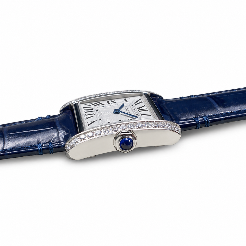 Cartier Tank MC Large Stainless Steel Full Diamond Bezel White Dial Blue Alligator Strap Watch