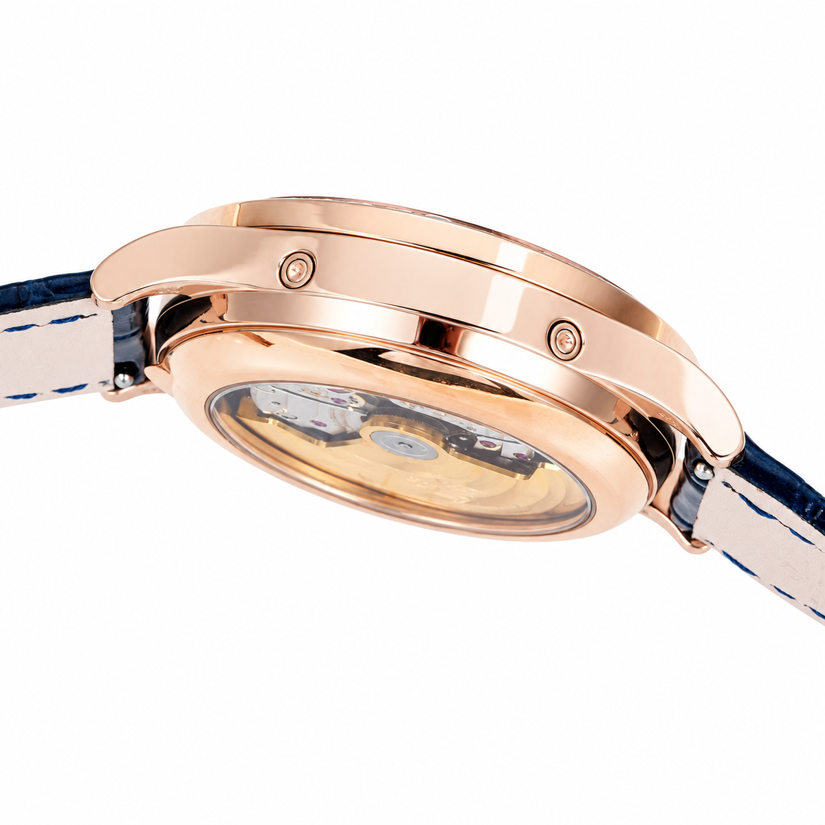 Patek Philippe Complications Rose Gold Baguette Diamond Bezel Blue Dial Annual Calendar Moon Phase Day Month Date Blue Strap 38mm