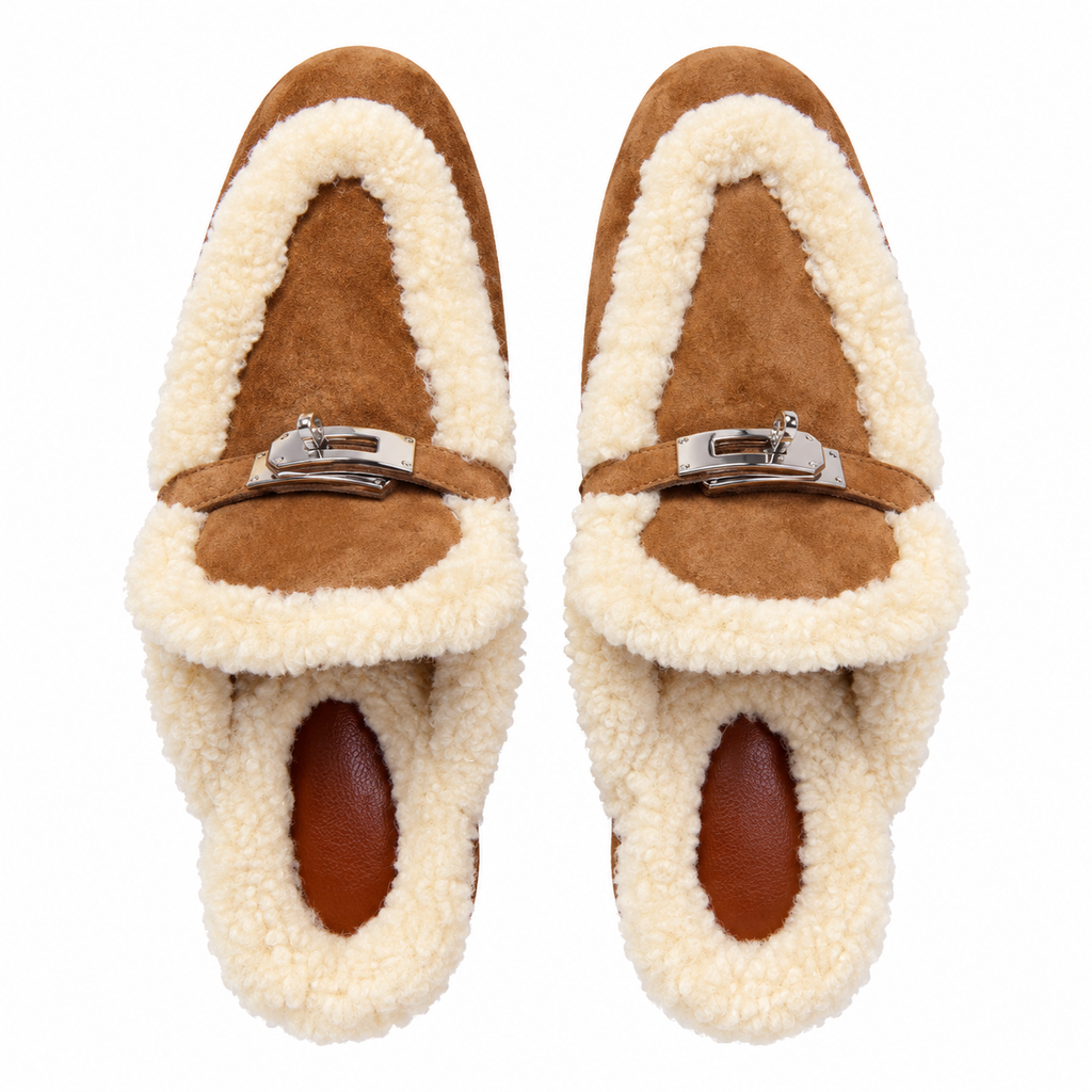 Hermès Tan Mules with Cream Plush Trim & Silver-Tone Hardware