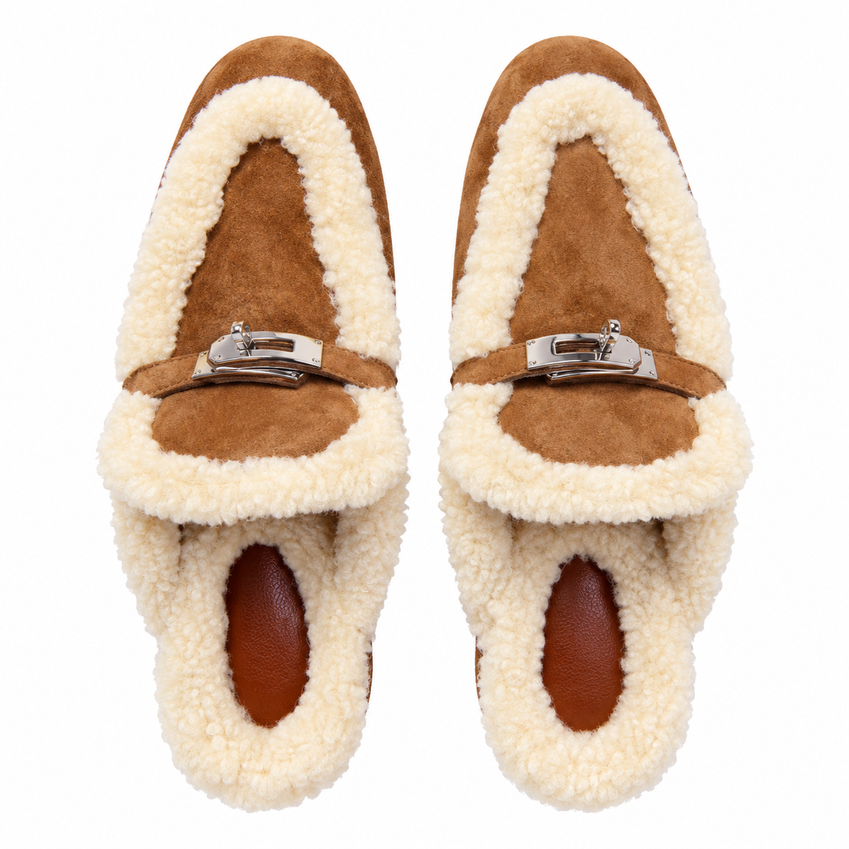 Hermès Tan Mules with Cream Plush Trim & Silver-Tone Hardware