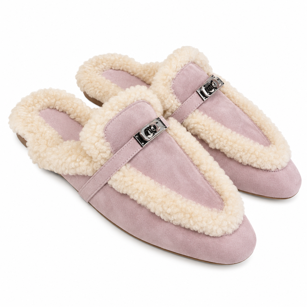 Hermès Pink Mules with Cream Plush Trim & Silver-Tone Hardware