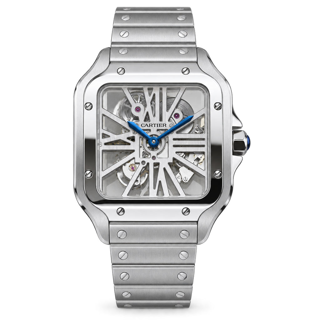 Cartier Santos de Cartier Large Stainless Steel Skeleton Silver Roman Numeral Steel Bracelet Automatic Watch
