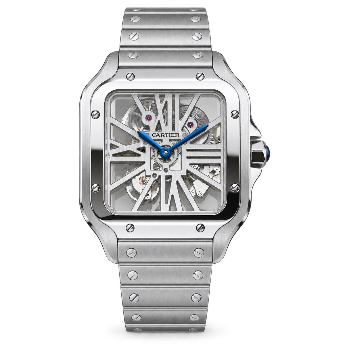 Cartier Santos de Cartier Large Stainless Steel Skeleton Silver Roman Numeral Steel Bracelet Automatic Watch