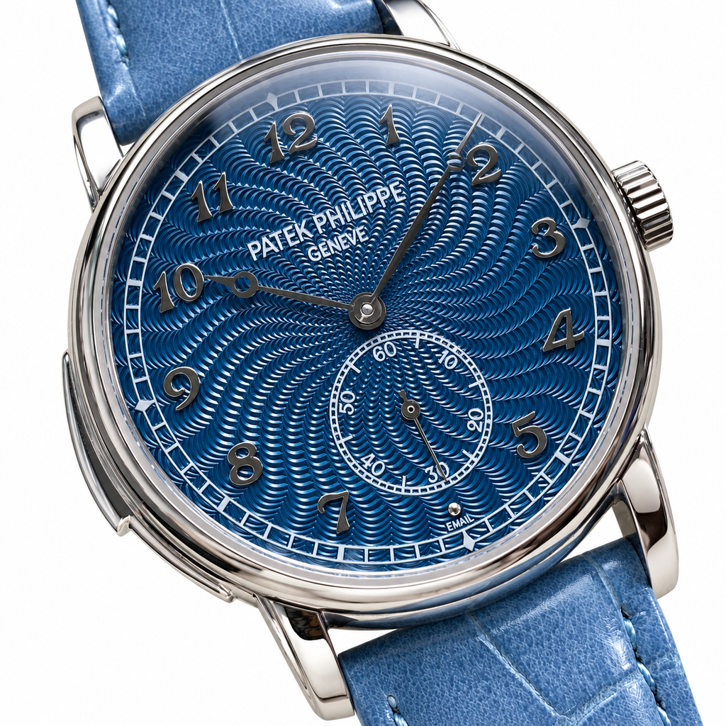 Patek Philippe Calatrava White Gold Blue Guilloché Enamel Dial Arabic Numerals Small Seconds Blue Strap 40mm