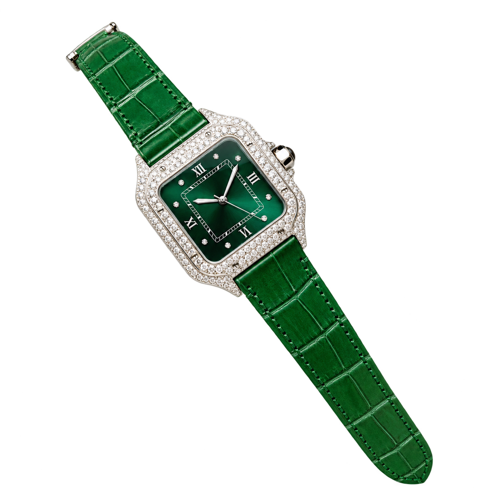 Cartier Santos de Cartier Medium 18k White Gold Full Diamond Bezel Green Dial Arabic Numeral Green Alligator Strap Automatic Watch
