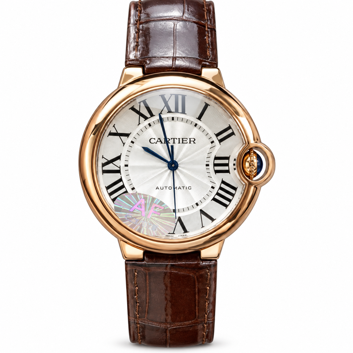 Cartier Ballon Bleu de Cartier Rose Gold White Guilloché Dial Brown Alligator Automatic Watch