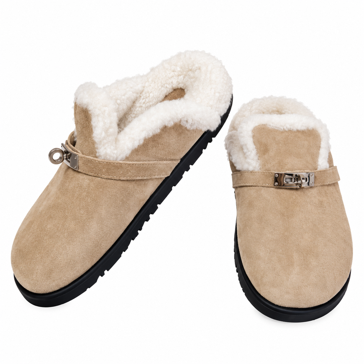 Hermès Beige Mule Shoes with Cream Plush Trim