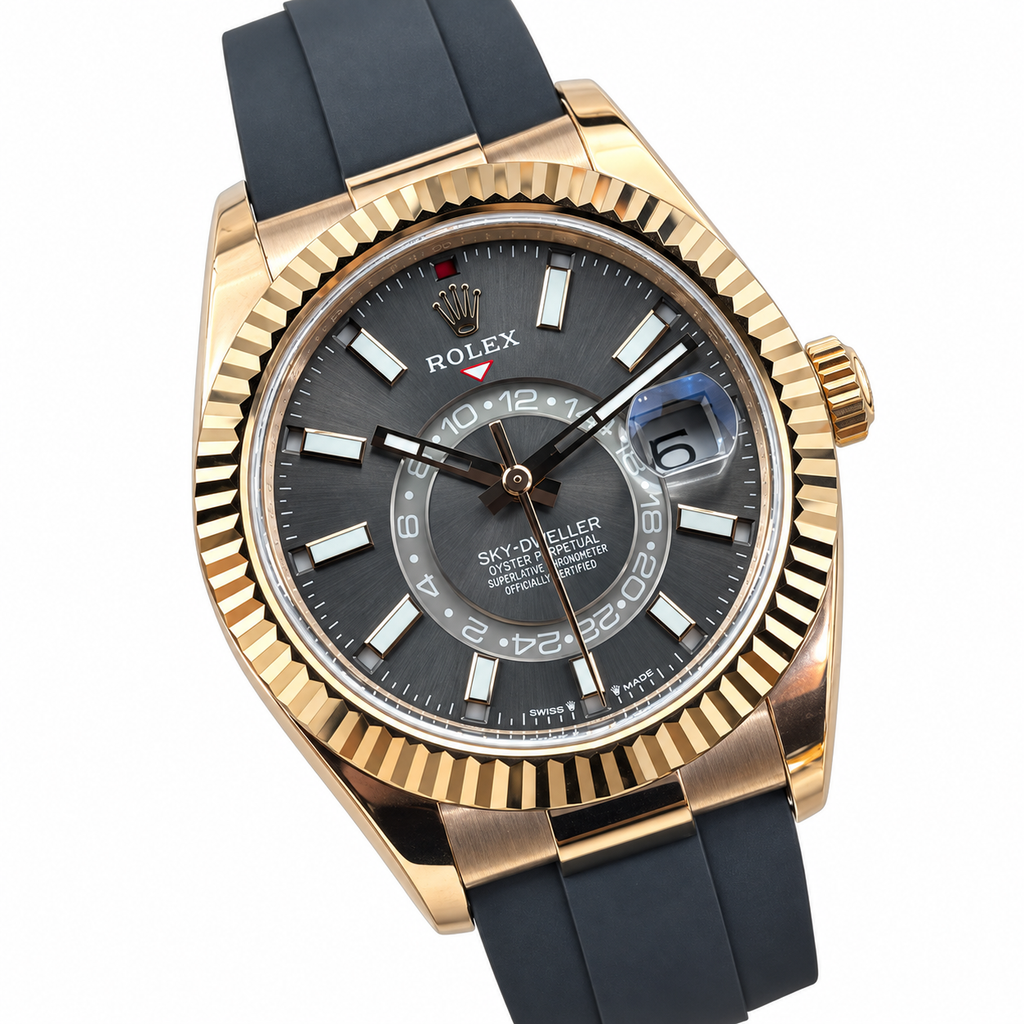 Rolex Sky-Dweller Everose Gold Fluted Bezel Slate Dial Oysterflex Watch