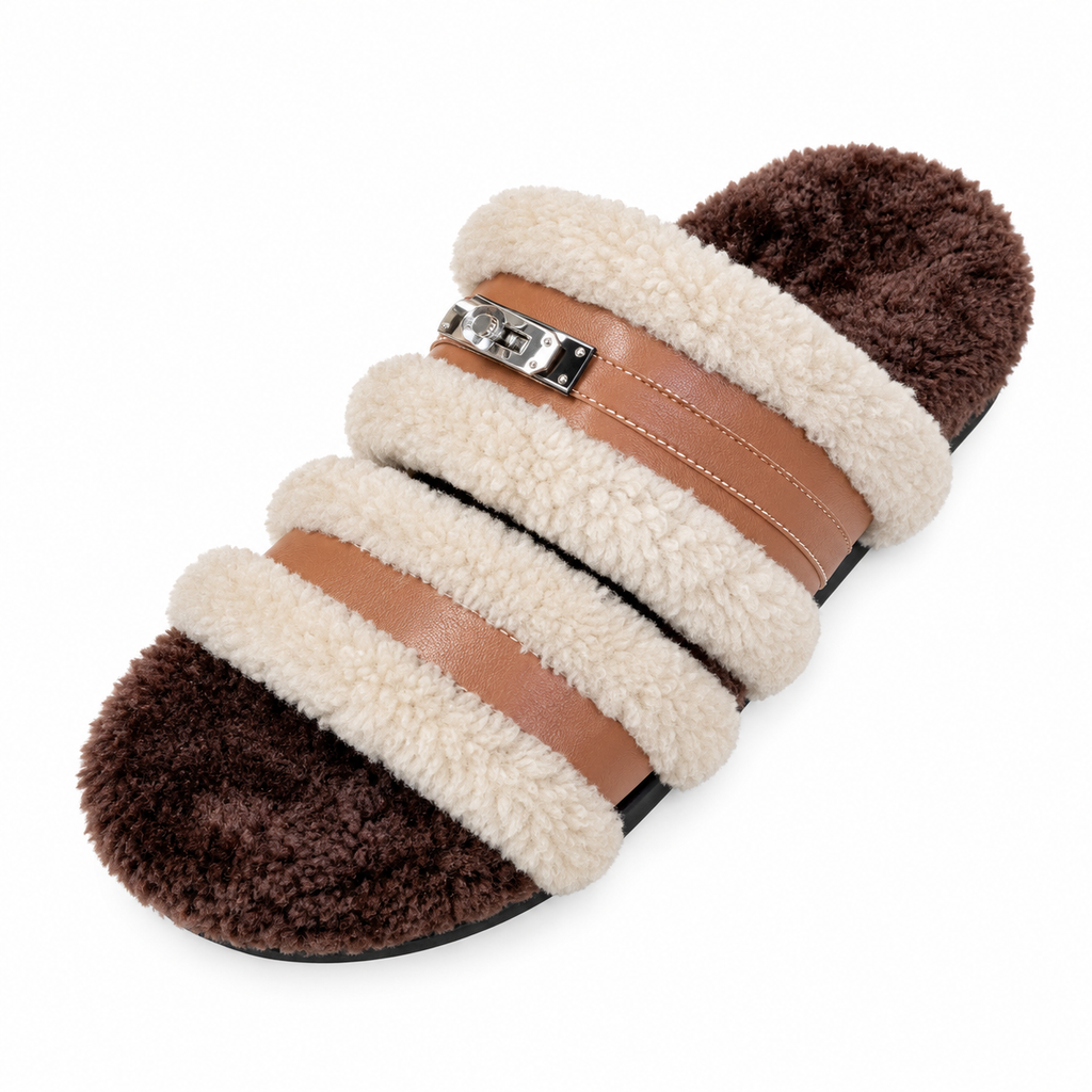 Hermès Cream Plush Slide Sandals with Tan Double Straps