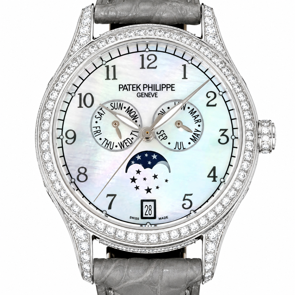 Patek Philippe Ladies Complications White Gold Full Diamond Bezel Lugs White MOP Dial Arabic Numerals Annual Calendar Moon Phase Date Grey Strap 38mm