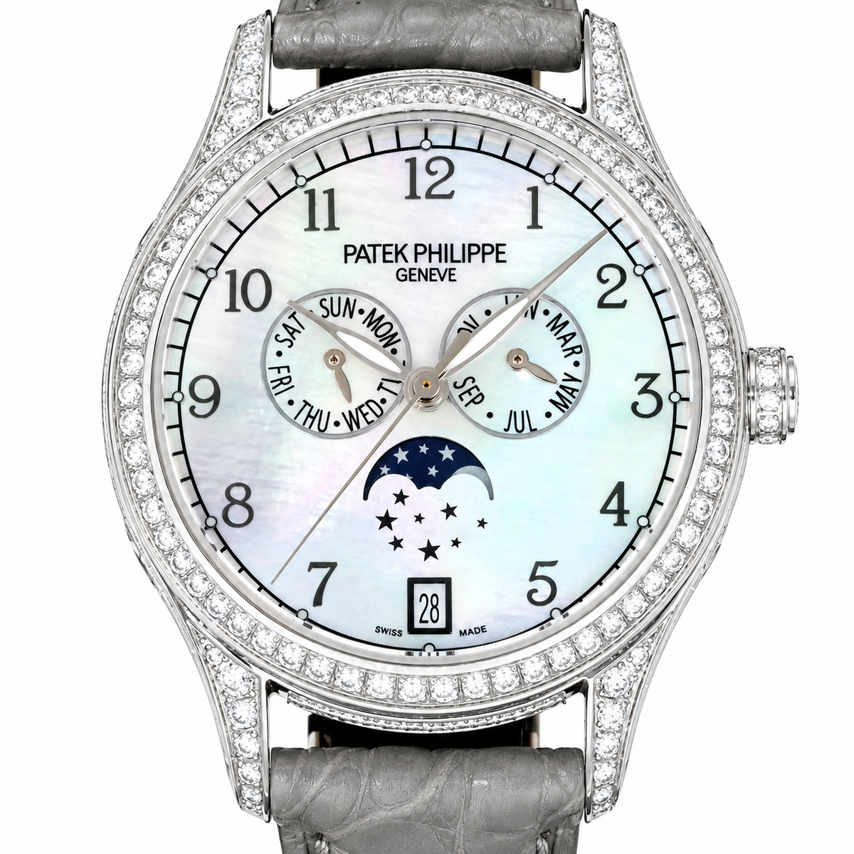 Patek Philippe Ladies Complications White Gold Full Diamond Bezel Lugs White MOP Dial Arabic Numerals Annual Calendar Moon Phase Date Grey Strap 38mm