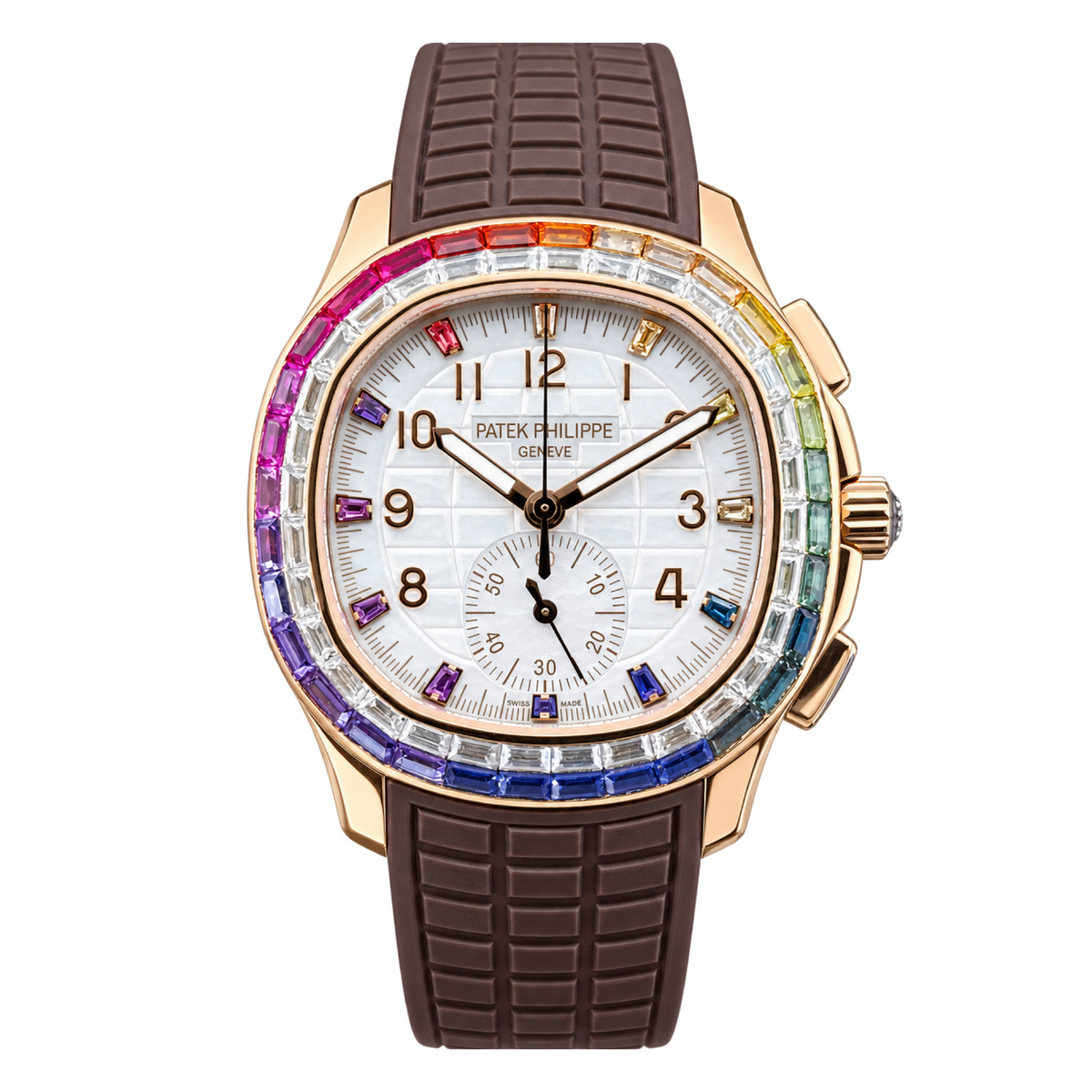 Patek Philippe Aquanaut Chronograph Rose Gold Rainbow Sapphire White MOP Brown Strap 39.9mm