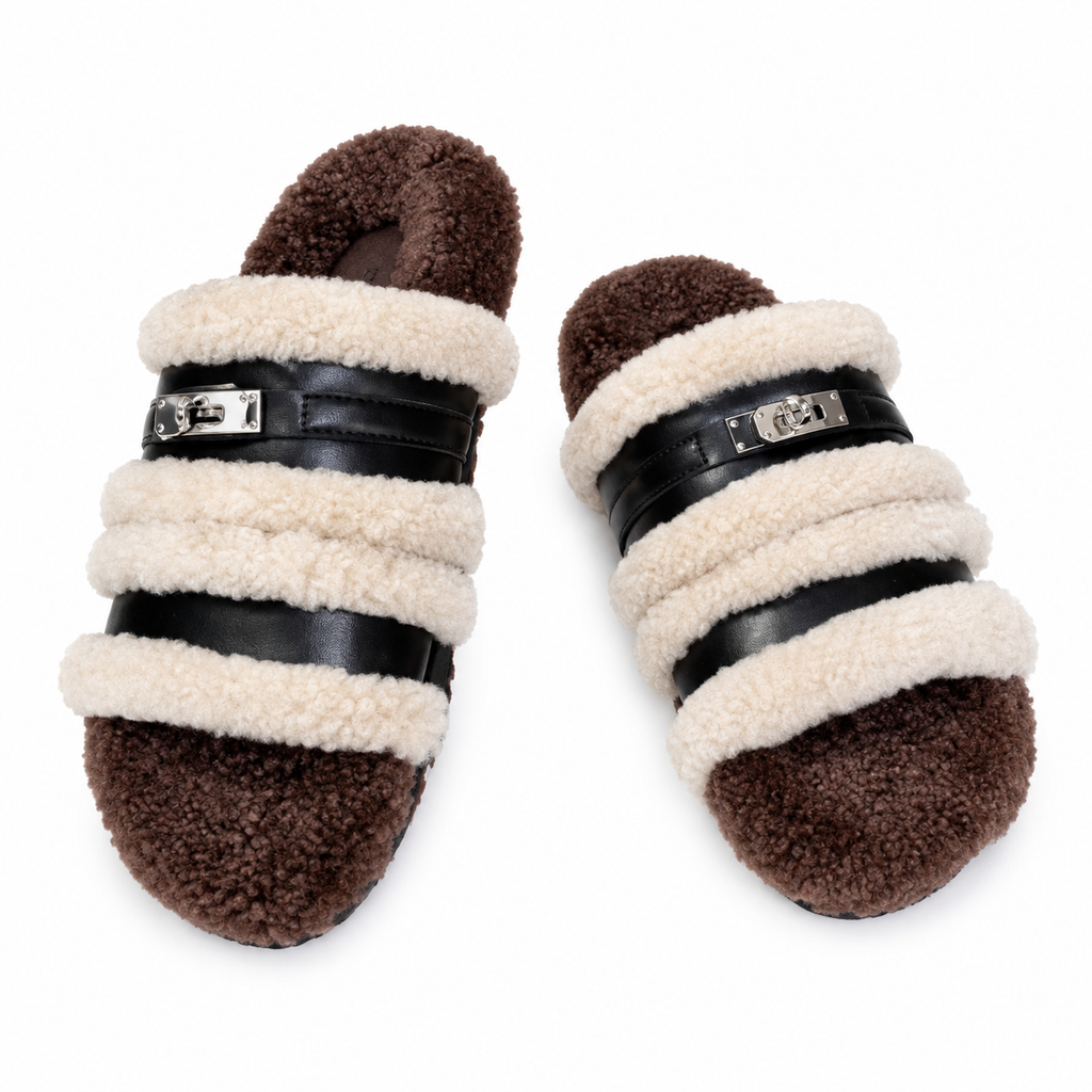 Hermès Black Double-Strap Slides with Cream Plush Trim