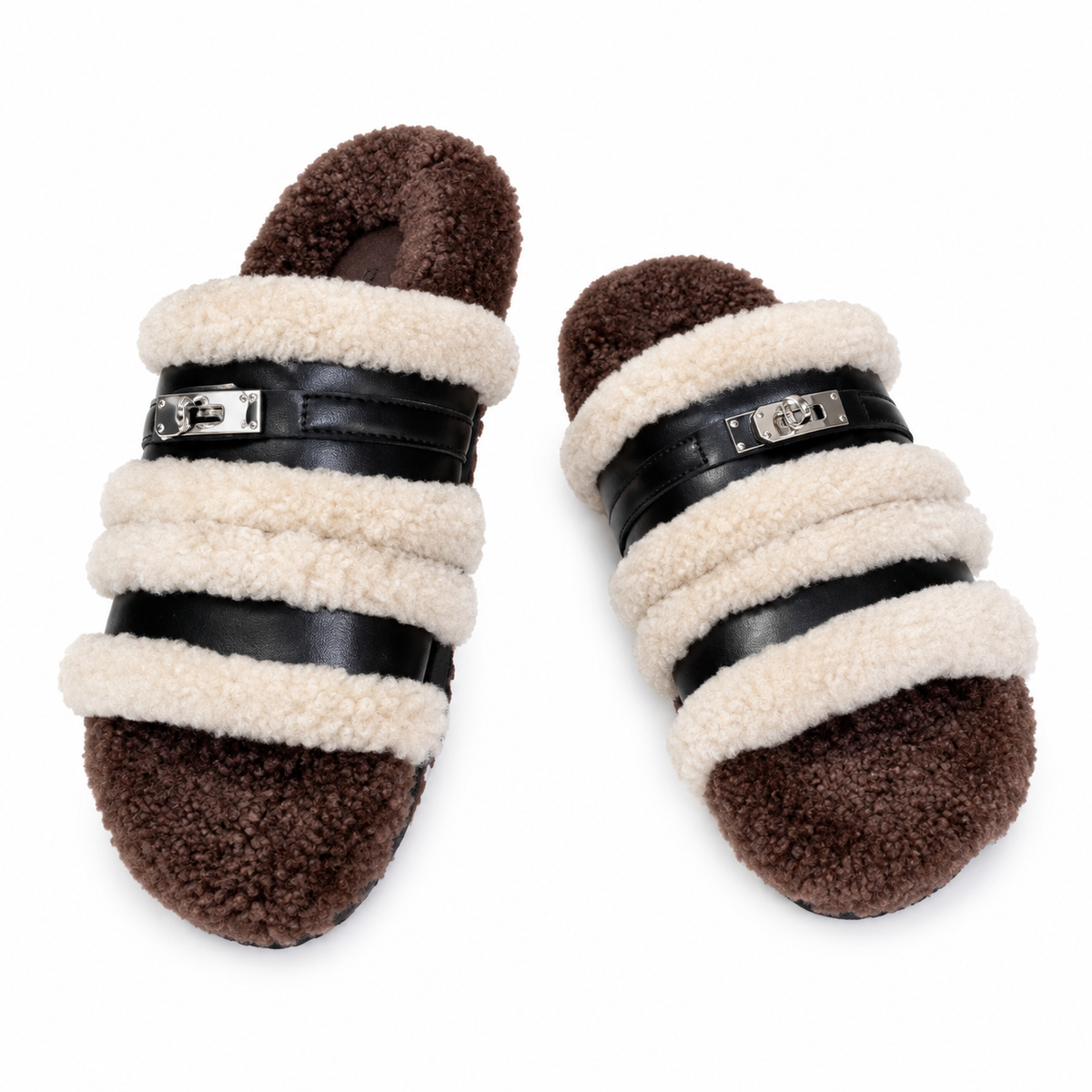 Hermès Black Double-Strap Slides with Cream Plush Trim