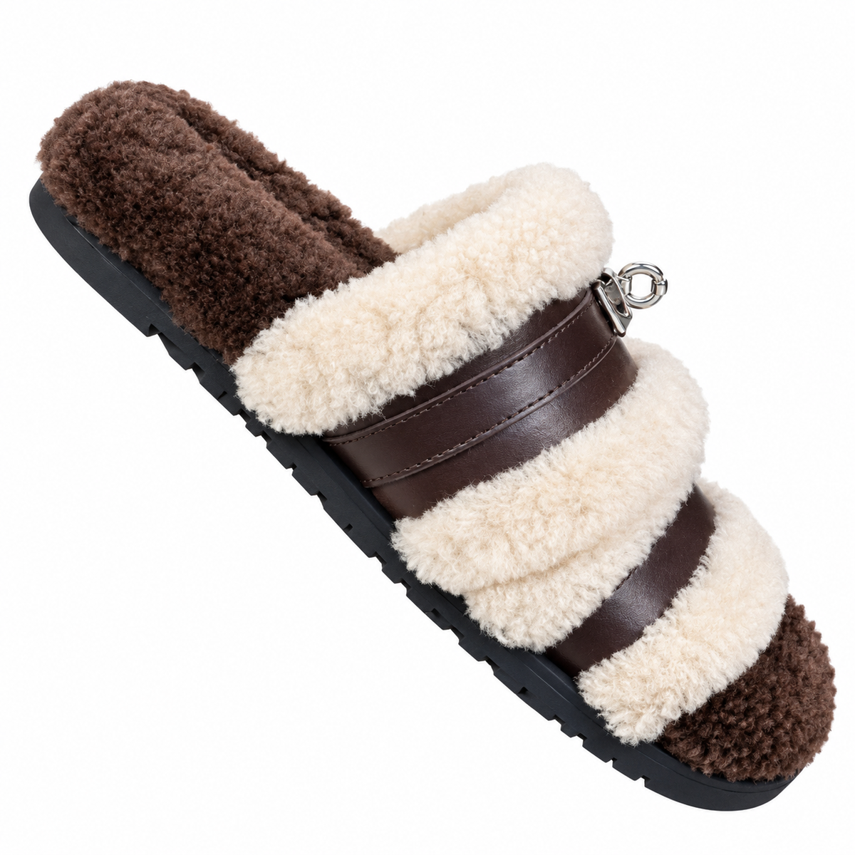 Hermès Dark Brown Slide Sandals with Cream Plush Trim