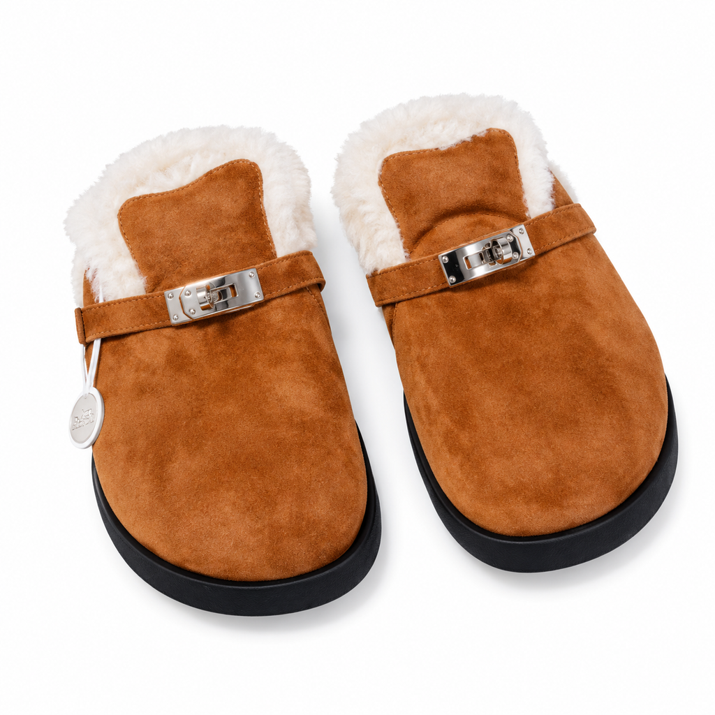 Hermès Tan Mule Shoes with Cream Plush Lining