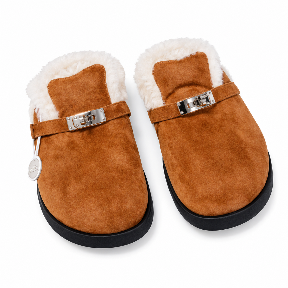 Hermès Tan Mule Shoes with Cream Plush Lining