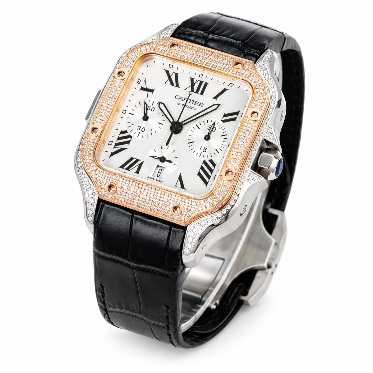Cartier Santos de Cartier Chronograph Steel Rose Gold Pavé Diamond Bezel White Dial Black Alligator Watch