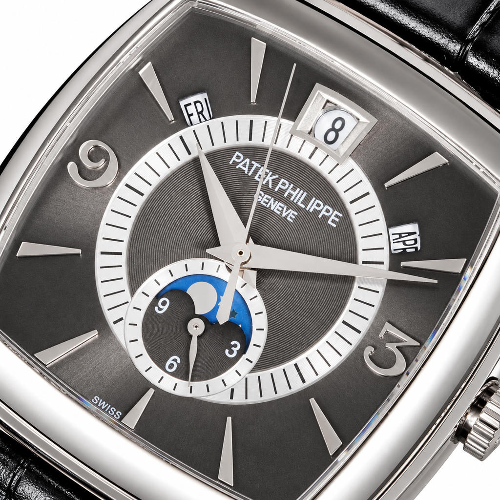 Patek Philippe Gondolo Calendario White Gold TV-Shaped Charcoal Dial Annual Calendar Moon Phase Small Seconds Black Strap 34mm