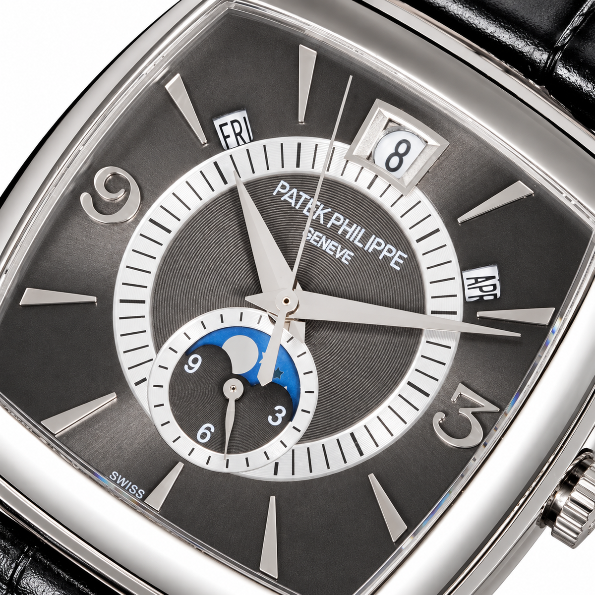 Patek Philippe Gondolo Calendario White Gold TV-Shaped Charcoal Dial Annual Calendar Moon Phase Small Seconds Black Strap 34mm