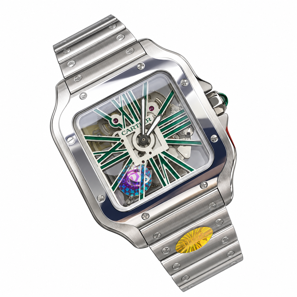 Cartier Santos de Cartier Large Stainless Steel Skeleton Green Roman Numeral Steel Bracelet Automatic Watch